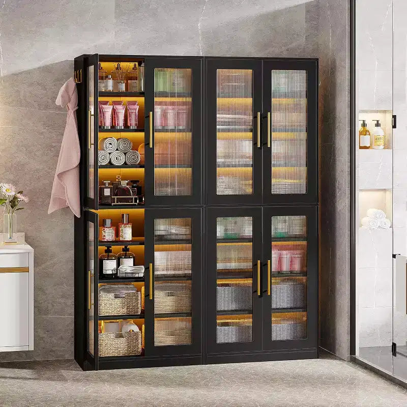 Lantine Bücherregal mit Türen und LED-Beleuchtung, 170 cm hohes Bücherregal mit 8 verstellbaren Einlegeböden und Hängehaken