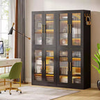 Lantine Bücherregal mit Türen und LED-Beleuchtung, 170 cm hohes Bücherregal mit 8 verstellbaren Einlegeböden und Hängehaken
