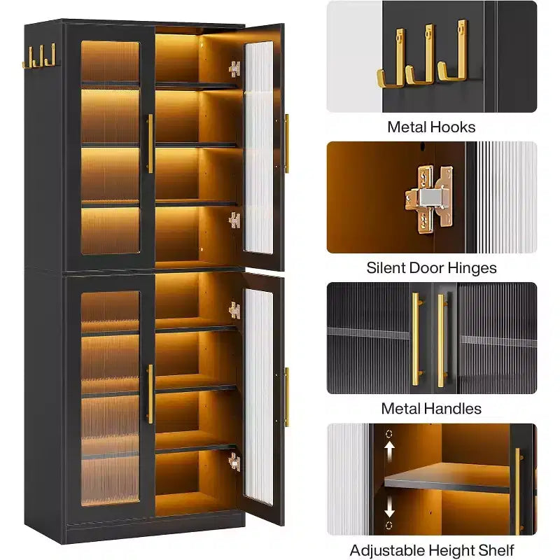 Lantine Bücherregal mit Türen und LED-Beleuchtung, 170 cm hohes Bücherregal mit 8 verstellbaren Einlegeböden und Hängehaken
