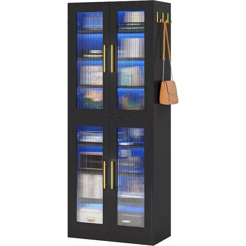 Lantine Bücherregal mit Türen und LED-Beleuchtung, 170 cm hohes Bücherregal mit 8 verstellbaren Einlegeböden und Hängehaken