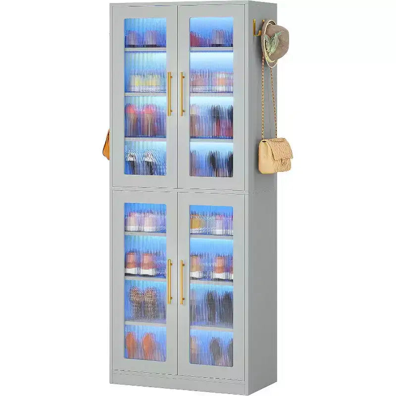 Lantine Bücherregal mit Türen und LED-Beleuchtung, 170 cm hohes Bücherregal mit 8 verstellbaren Einlegeböden und Hängehaken