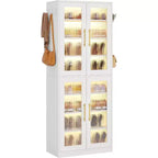 Lantine Bookcase with Doors and LED Light, 67-inch Tall Bookshelf with 8-Tier Adjustable Shelves and Hanging Hooks