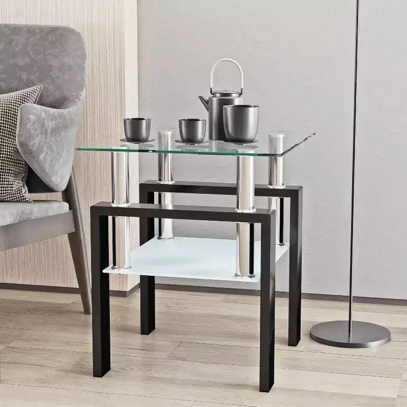 MAYEERTY Moderner Beistelltisch aus gehärtetem Glas, quadratischer Couchtisch für Wohnzimmer Schlafzimmer, Transparent