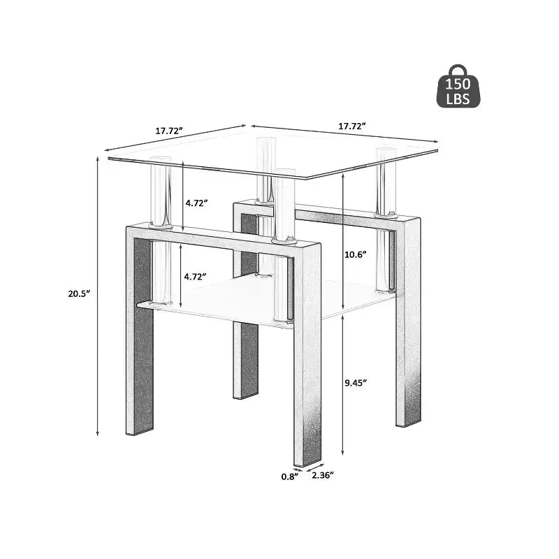 MAYEERTY Moderner Beistelltisch aus gehärtetem Glas, quadratischer Couchtisch für Wohnzimmer Schlafzimmer, Transparent