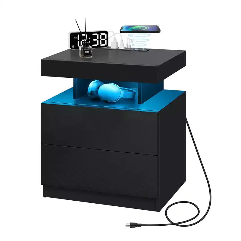 Hommpa Modern LED Nightstand with Wireless Charging Station & 2 Drawers
