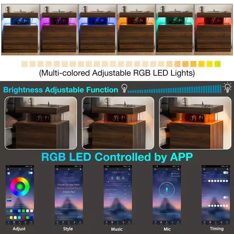 Hommpa Moderner LED Nachttisch mit kabelloser Ladestation & 2 Schubladen