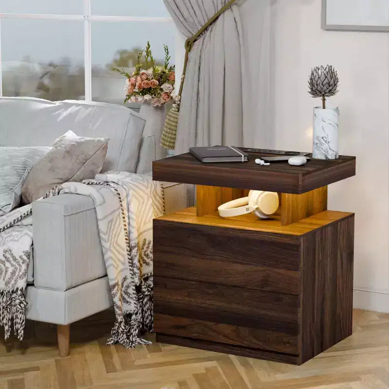 Hommpa Moderner LED Nachttisch mit kabelloser Ladestation & 2 Schubladen