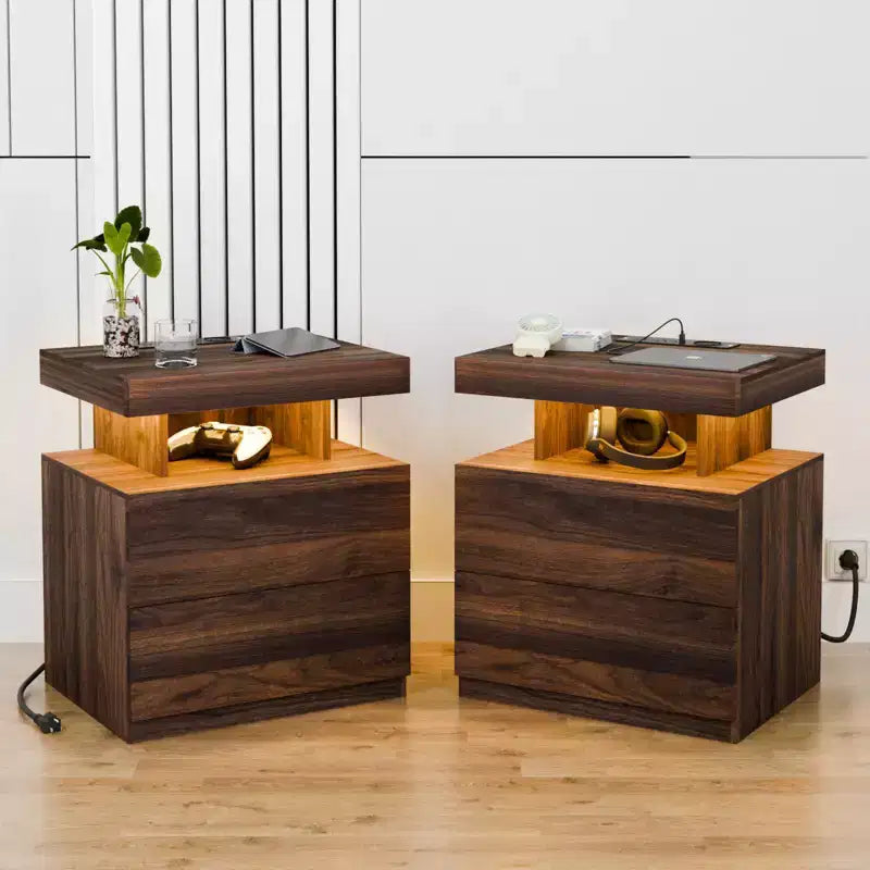 Hommpa Moderner LED Nachttisch mit kabelloser Ladestation & 2 Schubladen