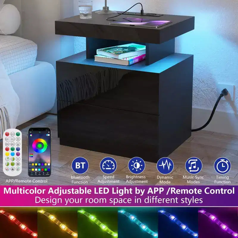 Hommpa Moderner LED Nachttisch mit kabelloser Ladestation & 2 Schubladen