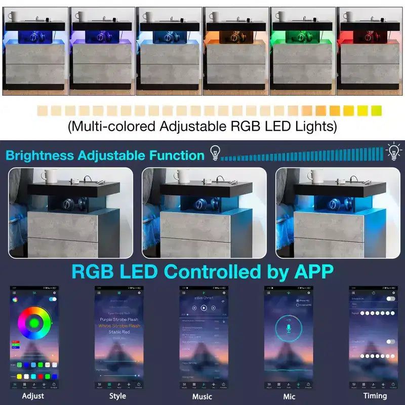 Hommpa Moderner LED Nachttisch mit kabelloser Ladestation & 2 Schubladen