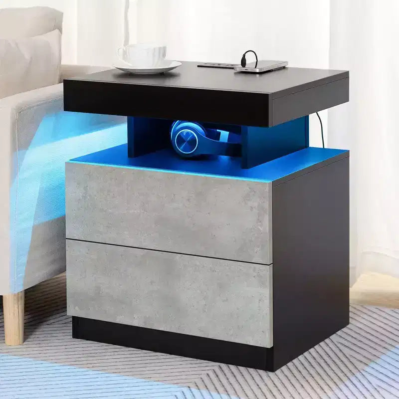 Hommpa Moderner LED Nachttisch mit kabelloser Ladestation & 2 Schubladen