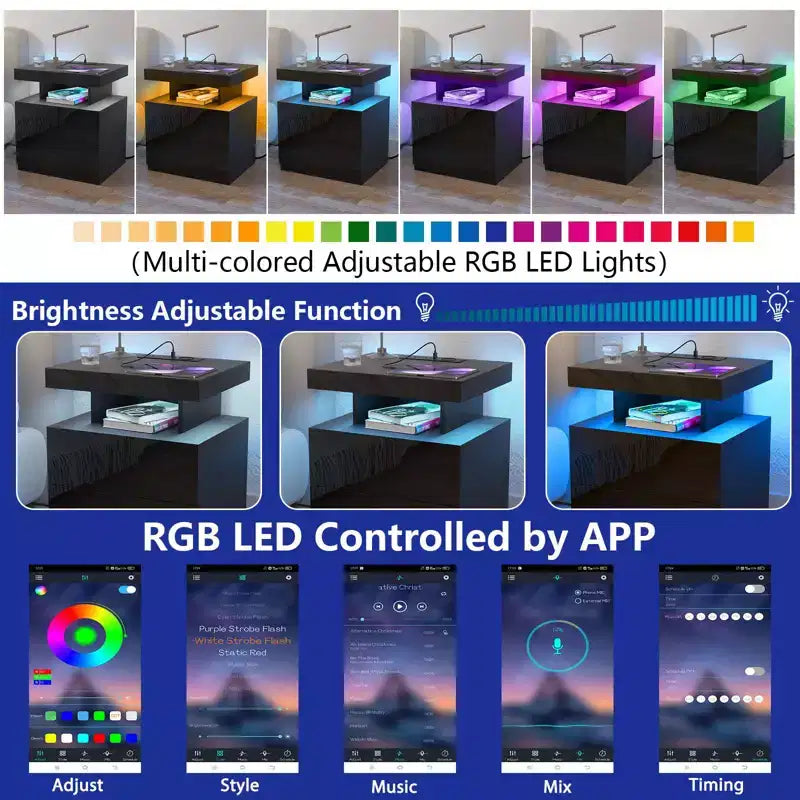 Hommpa Moderner LED Nachttisch mit kabelloser Ladestation & 2 Schubladen