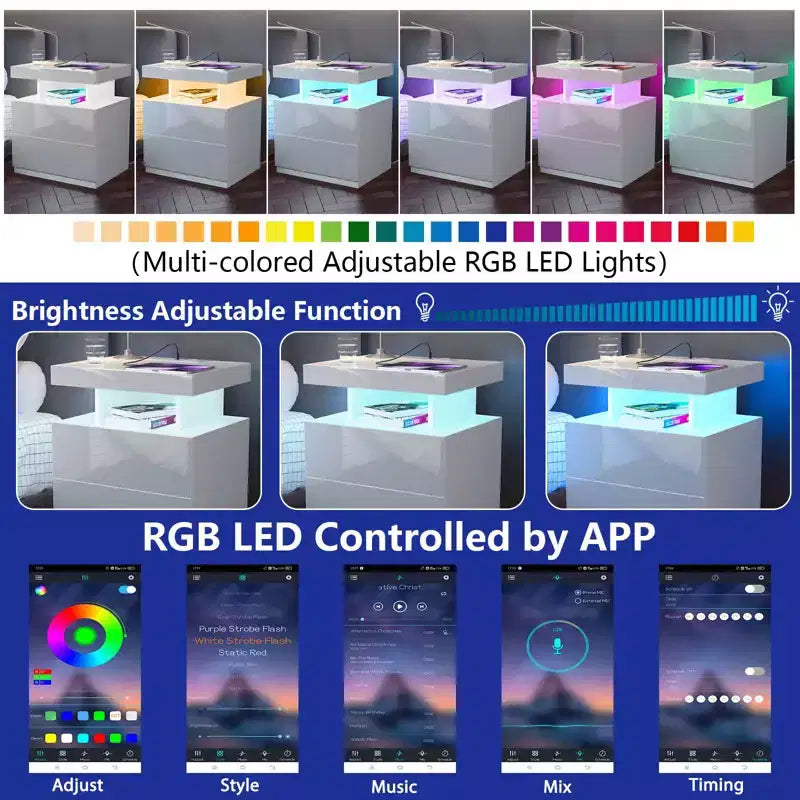 Hommpa Moderner LED Nachttisch mit kabelloser Ladestation & 2 Schubladen