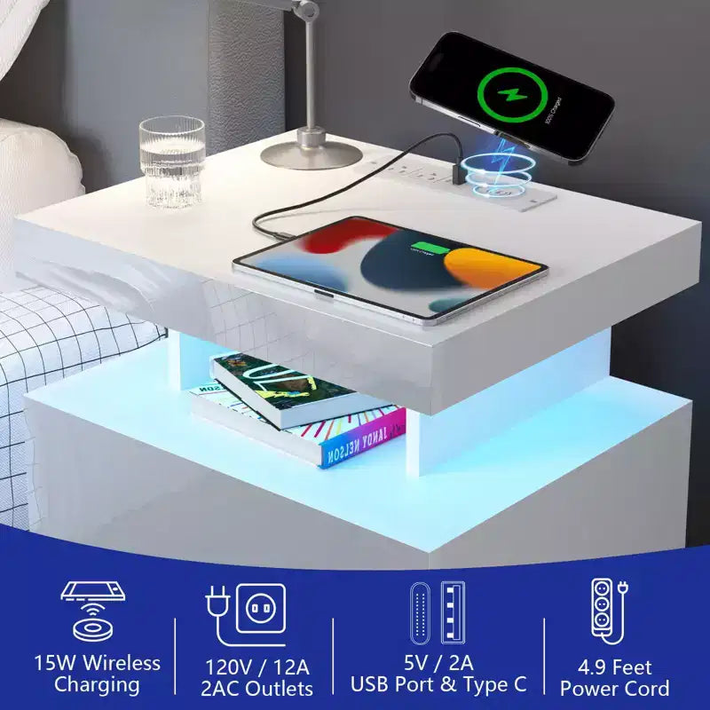 Hommpa Moderner LED Nachttisch mit kabelloser Ladestation & 2 Schubladen
