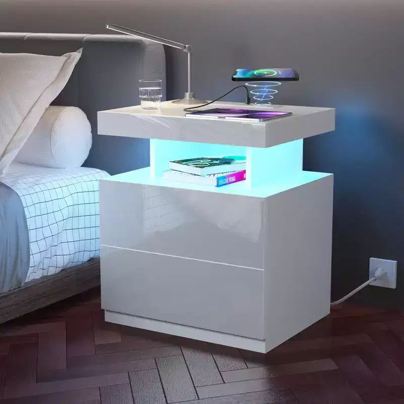 Hommpa Moderner LED Nachttisch mit kabelloser Ladestation & 2 Schubladen
