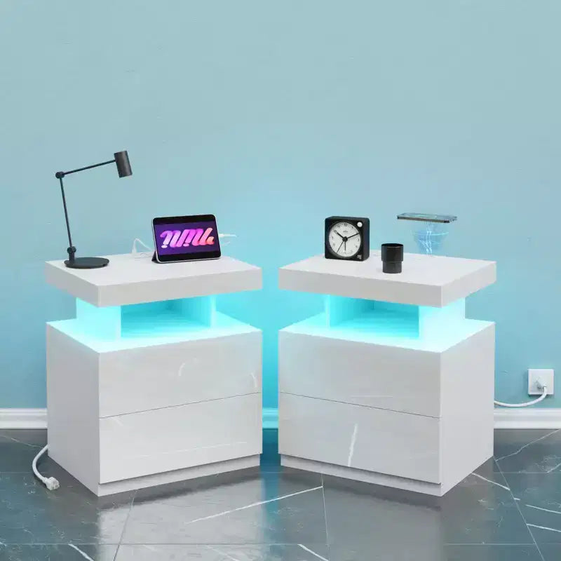 Hommpa Moderner LED Nachttisch mit kabelloser Ladestation & 2 Schubladen