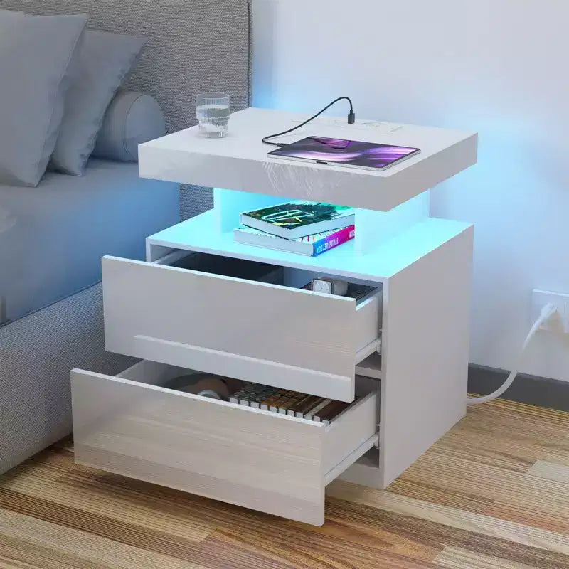 Hommpa Moderner LED Nachttisch mit kabelloser Ladestation & 2 Schubladen