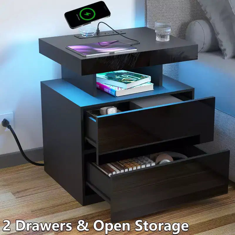 Hommpa Moderner LED Nachttisch mit kabelloser Ladestation & 2 Schubladen
