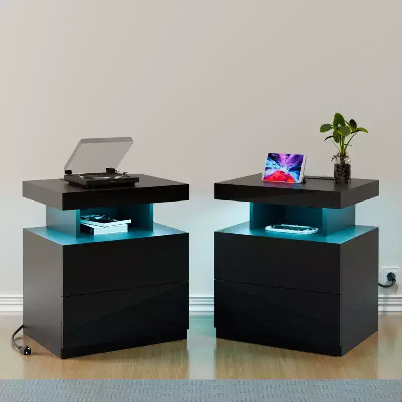 Hommpa Moderner LED Nachttisch mit kabelloser Ladestation & 2 Schubladen