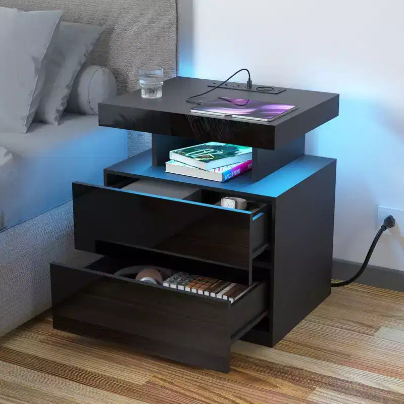 Hommpa Moderner LED Nachttisch mit kabelloser Ladestation & 2 Schubladen