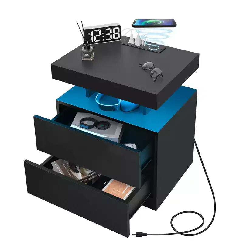 Hommpa Moderner LED Nachttisch mit kabelloser Ladestation & 2 Schubladen