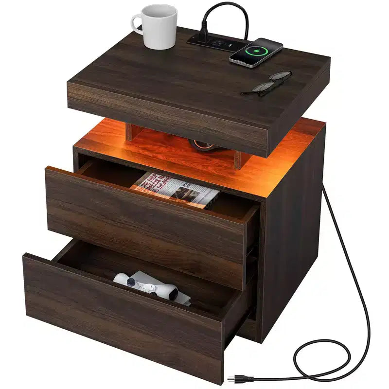 Hommpa Moderner LED Nachttisch mit kabelloser Ladestation & 2 Schubladen