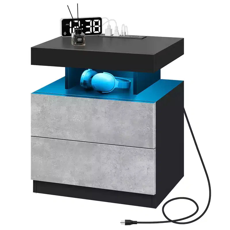 Hommpa Moderner LED Nachttisch mit kabelloser Ladestation & 2 Schubladen