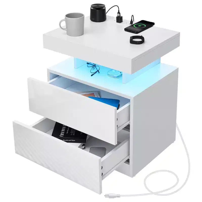 Hommpa Moderner LED Nachttisch mit kabelloser Ladestation & 2 Schubladen
