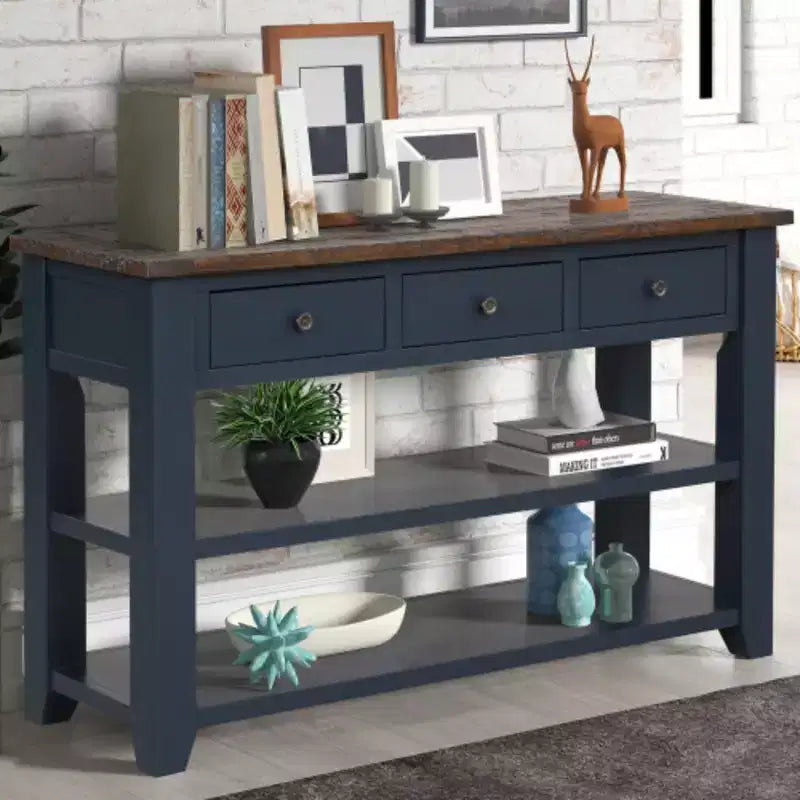 Solid Pine Wood Top Console Table, Modern Entryway Sofa Side Table with 3 Storage Drawers and 2 Shelves, Easy to Assemble