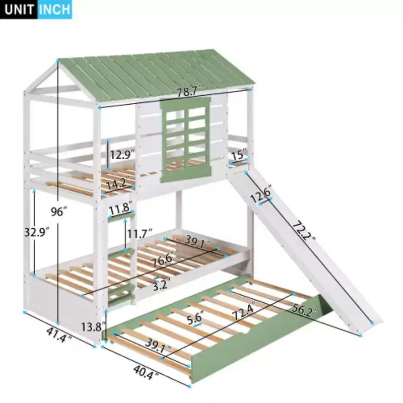 Doppelstockbett "Haus" in Twin-Größe mit umwandelbarer Rutsche und Ausziehbett, Weiß+Grün