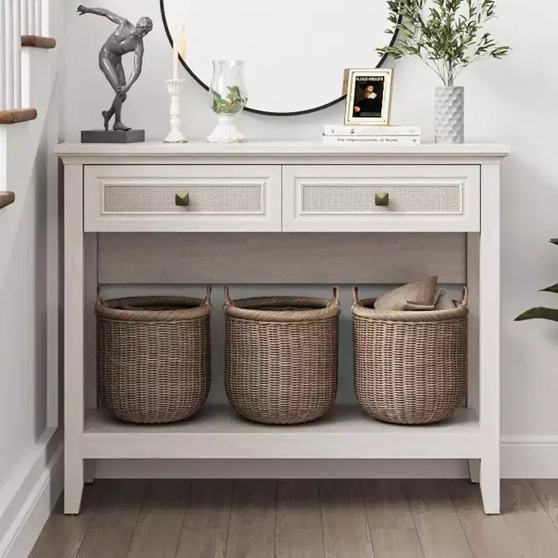 Heynemo Rattan Console Table with Widened Tabletop & 2 Drawers, Sofa Table with Storage Shelf, for Living Room, Hallway, Entrywayish