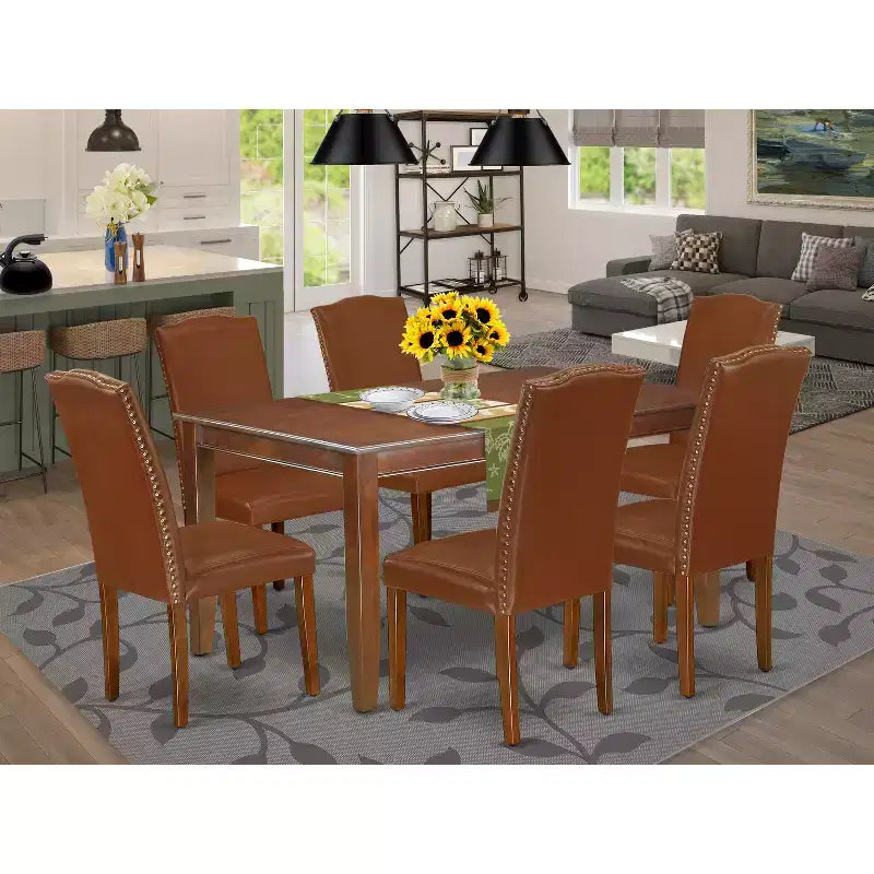 HomeStock 7 Piece Kitchen Table Set Brown Faux Leather Chairs Parsons Style