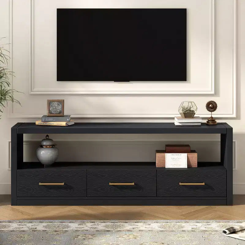 74W TV Stand TV Console Storage Cabinet Entertainment Center Sideboard with 3 Drawers and Open Shelf, Brown/Black/Gray- Christopher Knight Home