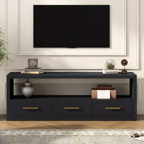 74W TV Stand TV Console Storage Cabinet Entertainment Center Sideboard with 3 Drawers and Open Shelf, Brown/Black/Gray- Christopher Knight Home