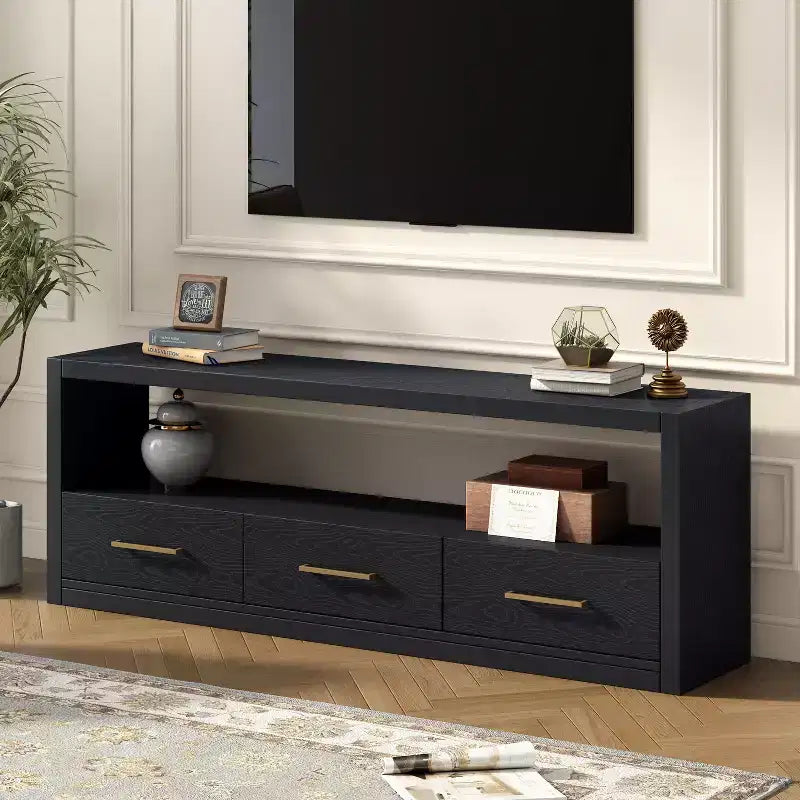 74 Zoll TV-Ständer TV-Konsole Aufbewahrungsschrank Entertainment Center Sideboard mit 3 Schubladen und offenem Regal, Braun/Schwarz/Grau – Christopher Knight Home