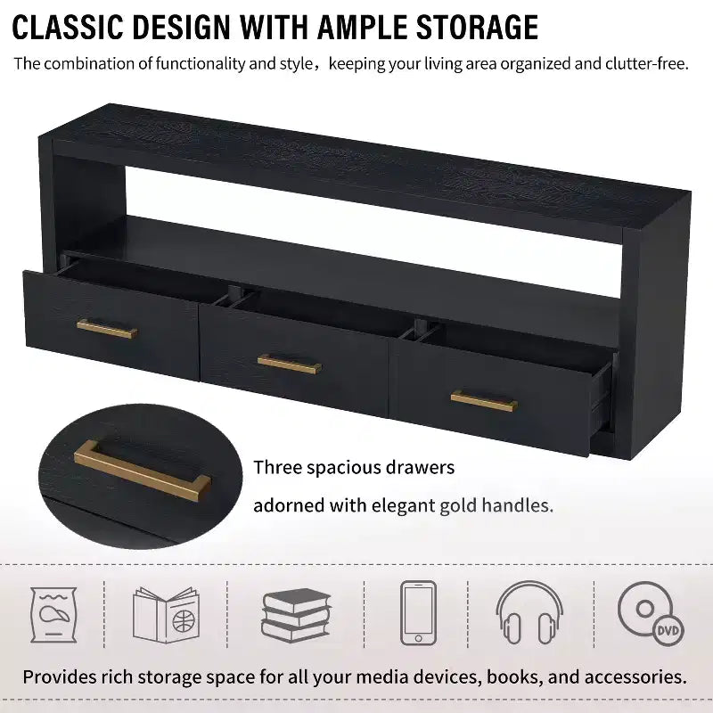 74 Zoll TV-Ständer TV-Konsole Aufbewahrungsschrank Entertainment Center Sideboard mit 3 Schubladen und offenem Regal, Braun/Schwarz/Grau – Christopher Knight Home