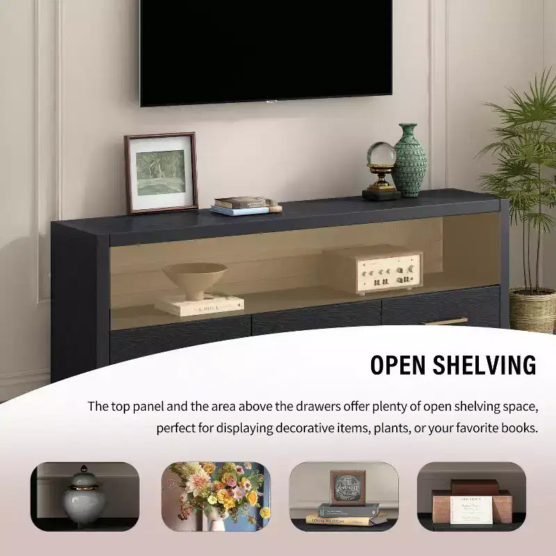 74 Zoll TV-Ständer TV-Konsole Aufbewahrungsschrank Entertainment Center Sideboard mit 3 Schubladen und offenem Regal, Braun/Schwarz/Grau – Christopher Knight Home
