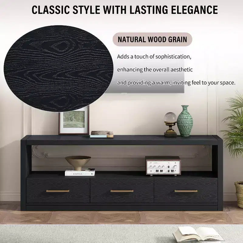 74 Zoll TV-Ständer TV-Konsole Aufbewahrungsschrank Entertainment Center Sideboard mit 3 Schubladen und offenem Regal, Braun/Schwarz/Grau – Christopher Knight Home