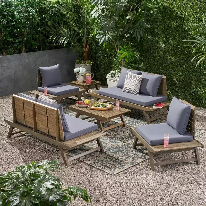 Christopher Knight Home Sedona Outdoor Akazienholz 6-Sitzer-Konversationsset mit Beistelltisch und Kissen