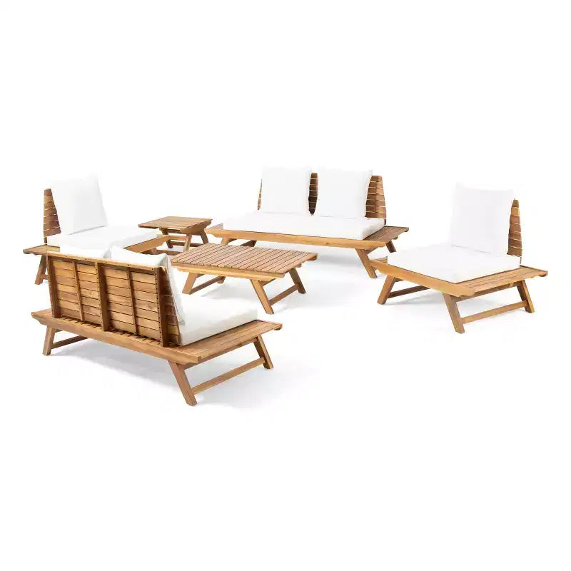 Christopher Knight Home Sedona Outdoor Acacia Wood 6 Seater Chat Set and Side Table with Cushions