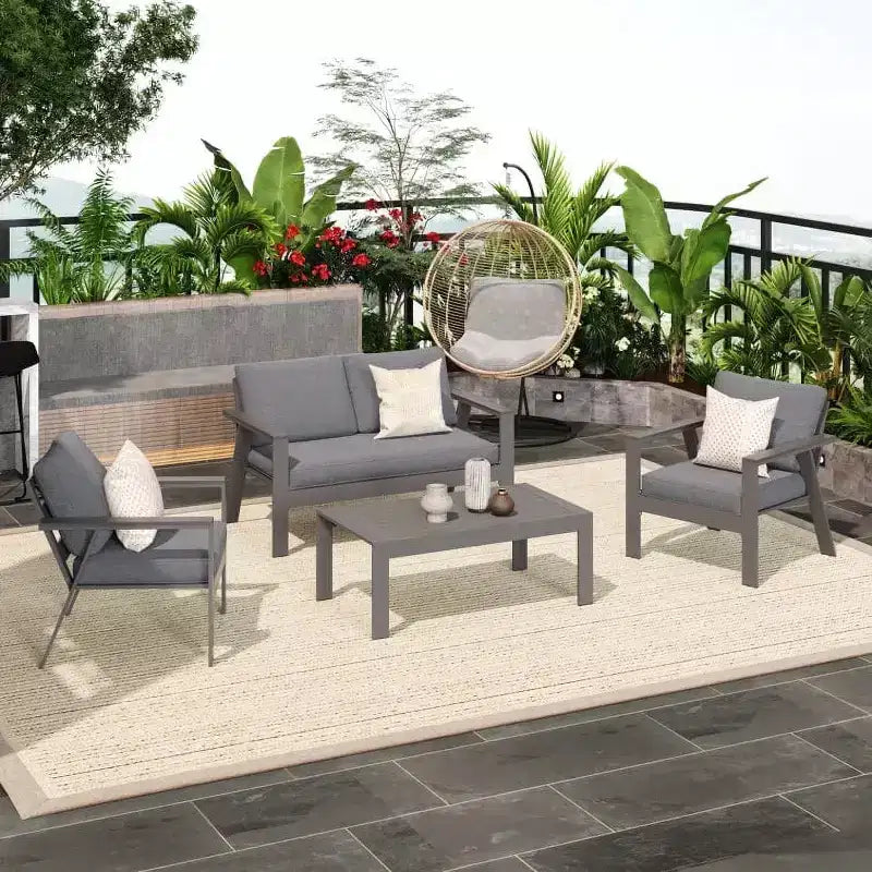 Heynemo 4-Seat Outdoor Patio Aluminum Furniture Sets Sectional Sofa Sets With Cushions, Modern Outside Couch Chairs Sets For Porch & Garden