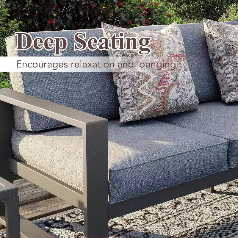 Heynemo Aluminium Terrassenmöbel-Set mit Feuerstellentisch, 6-teiliges Outdoor-Sitzgruppen-Set, Metall-Ecksofa und Couchtisch