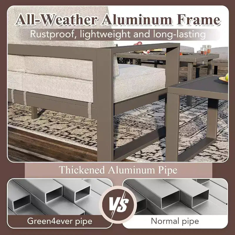 Heynemo Aluminium Terrassenmöbel-Set mit Feuerstellentisch, 6-teiliges Outdoor-Sitzgruppen-Set, Metall-Ecksofa und Couchtisch