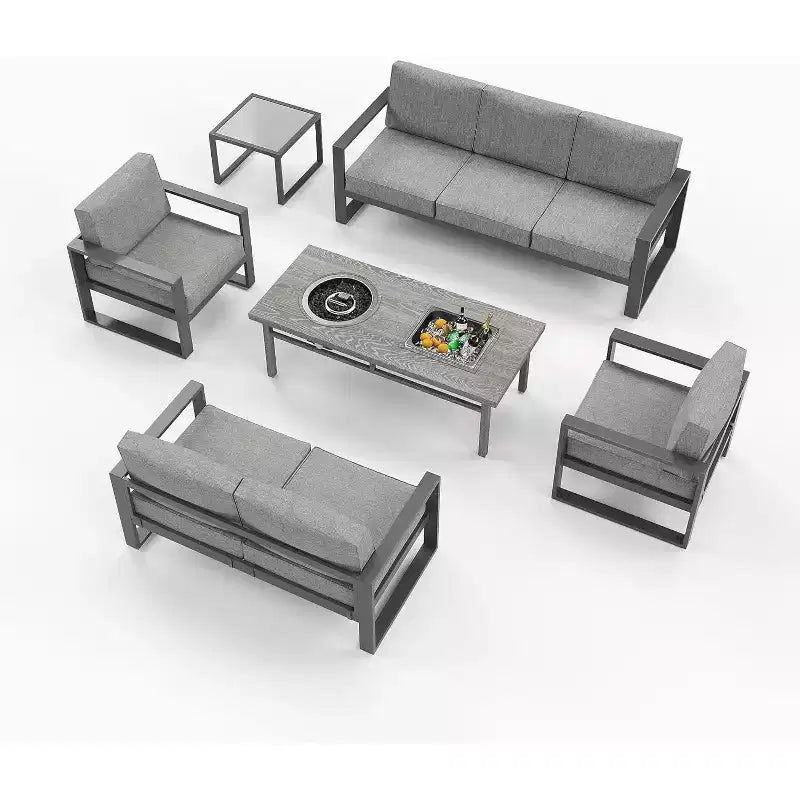 Heynemo Aluminium Terrassenmöbel-Set mit Feuerstellentisch, 6-teiliges Outdoor-Sitzgruppen-Set, Metall-Ecksofa und Couchtisch