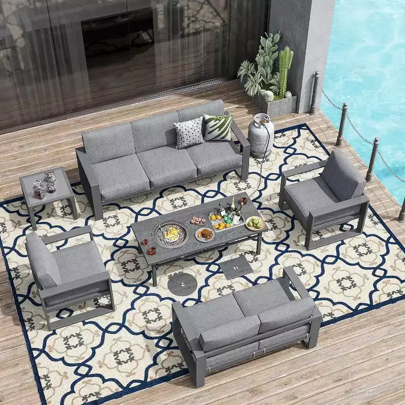 Heynemo Aluminium Terrassenmöbel-Set mit Feuerstellentisch, 6-teiliges Outdoor-Sitzgruppen-Set, Metall-Ecksofa und Couchtisch