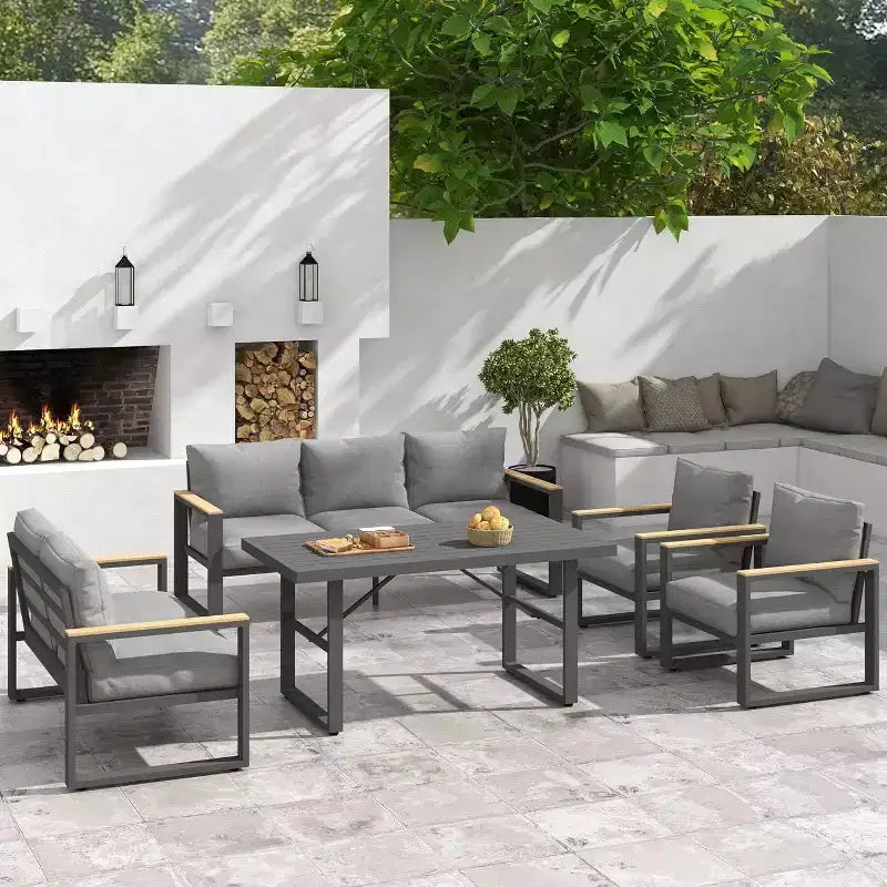 Heynemo Aluminum Patio Furniture Set, 8 Piece Outdoor Conversation Set with Dining Table, Metal Patio Furniture Set for Porch Backyard Garden