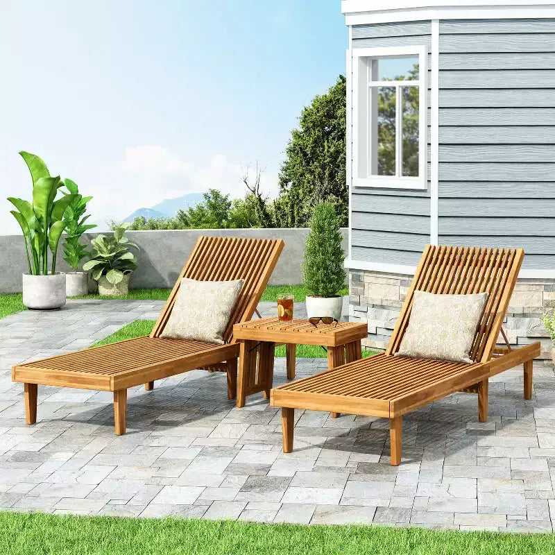Christopher Knight Home Teresa Outdoor Acacia Wood 3 Piece Adjustable Chaise Lounge Chat Set