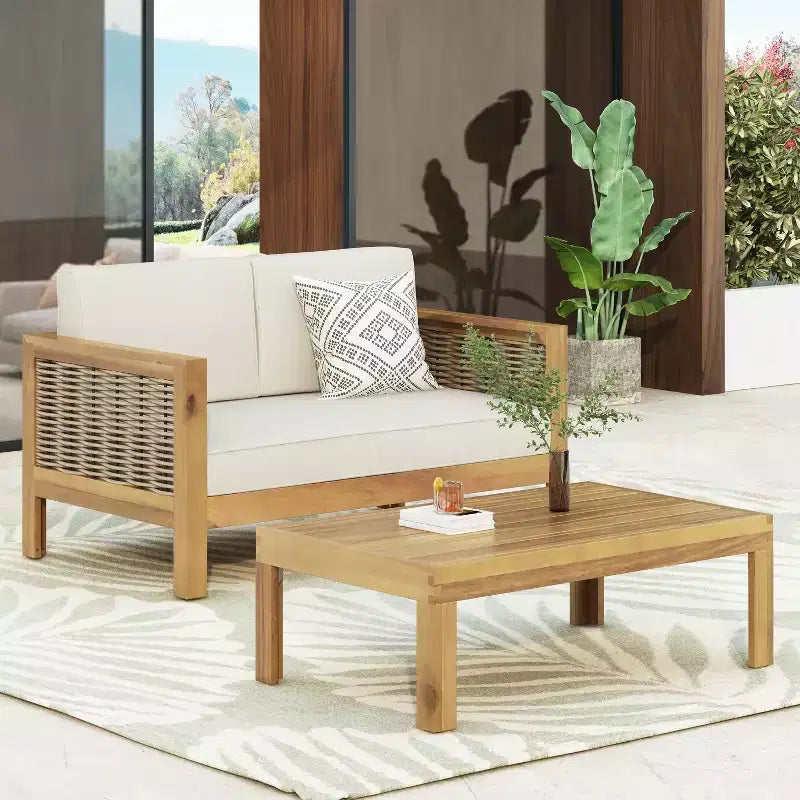 Outdoor Patio Furniture Set, Acacia Wood Conversation Set with Wicker Accent Chairs, Loveseat, and Coffee Table - Merax