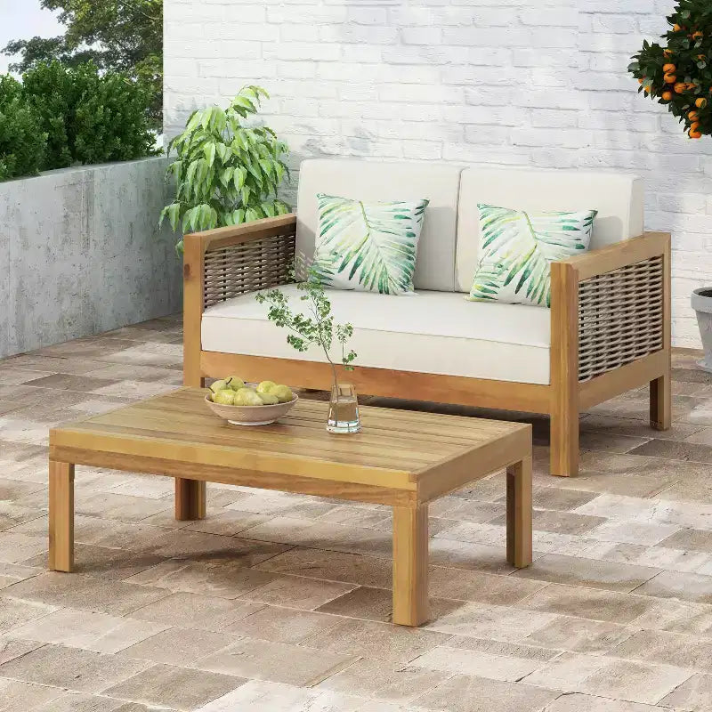 Merax Lounge-Set für den Außenbereich, Akazienholz-Sitzgruppe mit Korbsesseln, Zweisitzer und Couchtisch