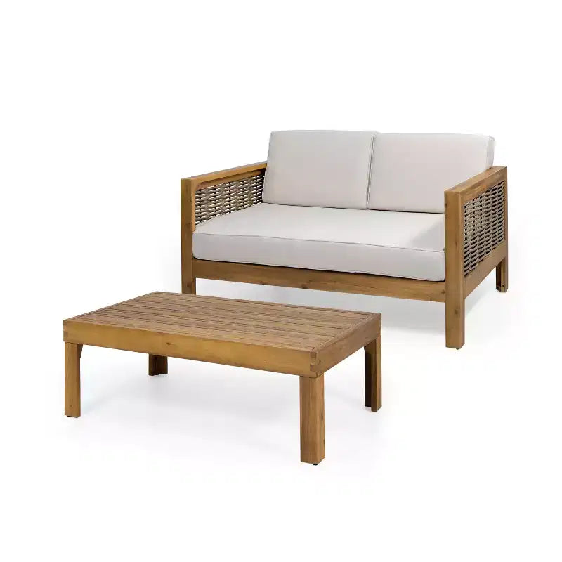 Merax Lounge-Set für den Außenbereich, Akazienholz-Sitzgruppe mit Korbsesseln, Zweisitzer und Couchtisch